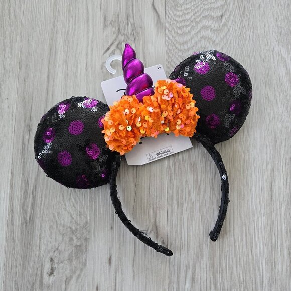 Disney | Minnie Mouse Halloween black sequin purple unicorn ears headband - Picture 1 of 5